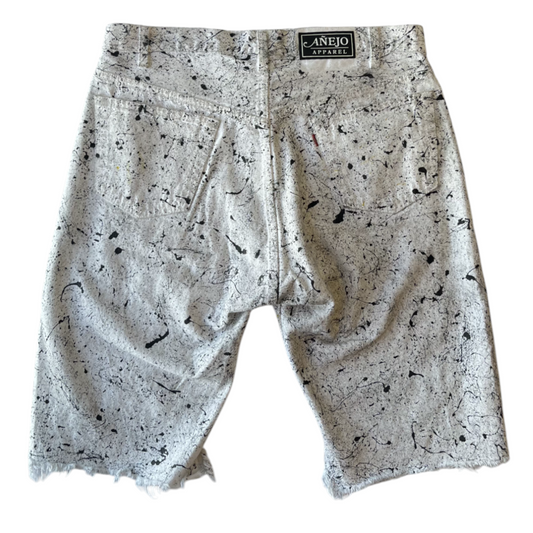 White & Black Splatter Denim Shorts - Size 34