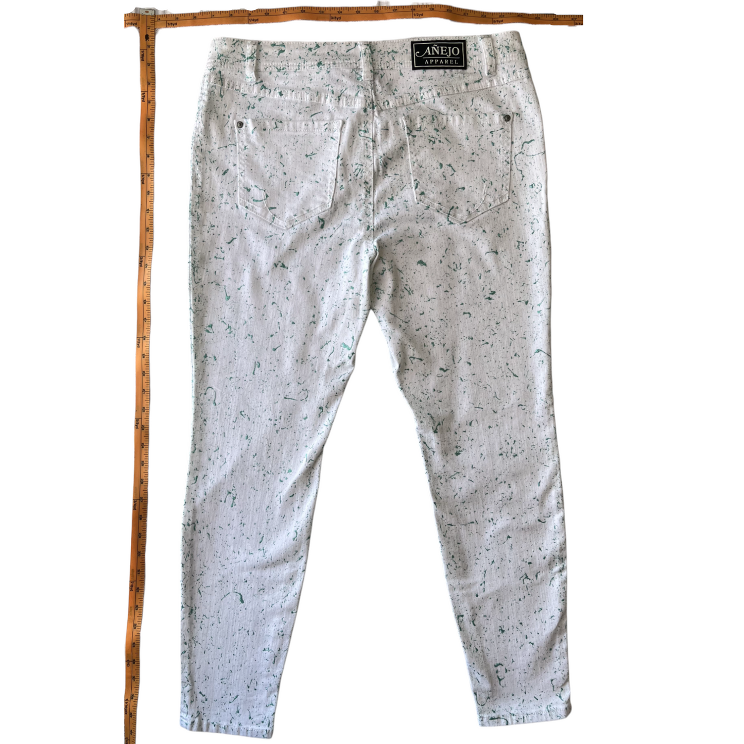 White & Teal Splatter Denim Jeans - Size 12