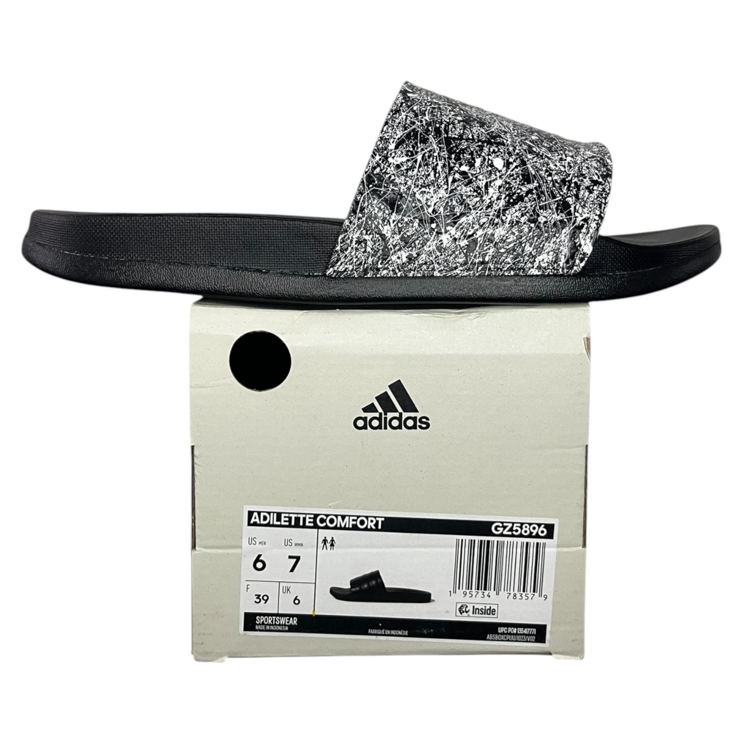 White & Black Splatter Slides - Size M6|W7