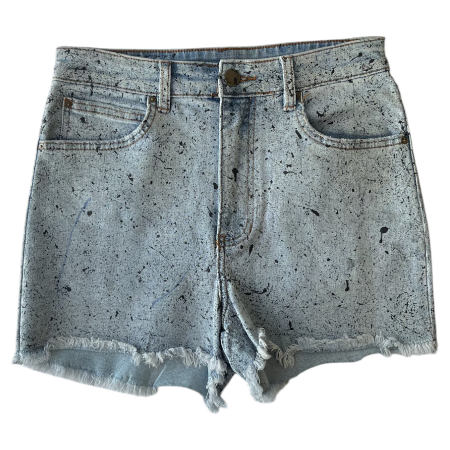 Blue & Black Splatter Denim Shorts - Size 28
