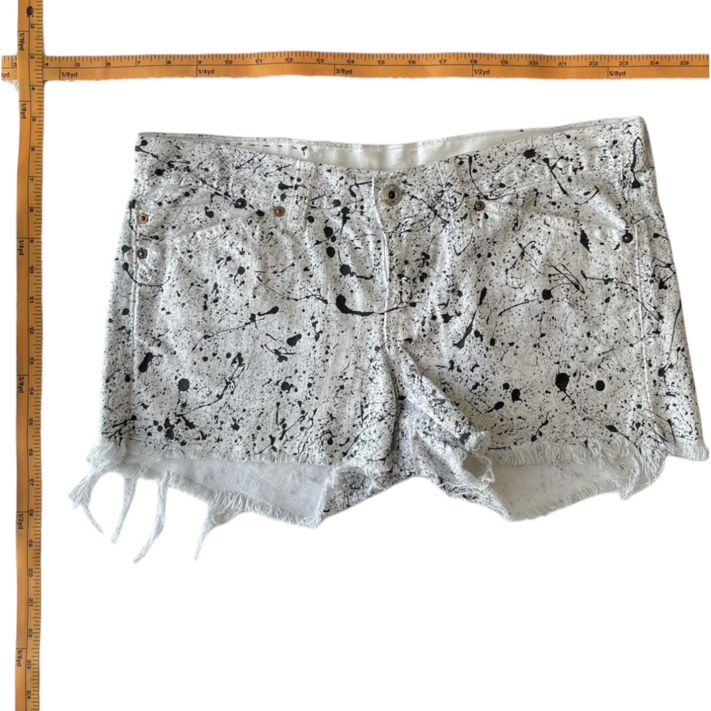 White & Black Splatter Denim Shorts - Size 8