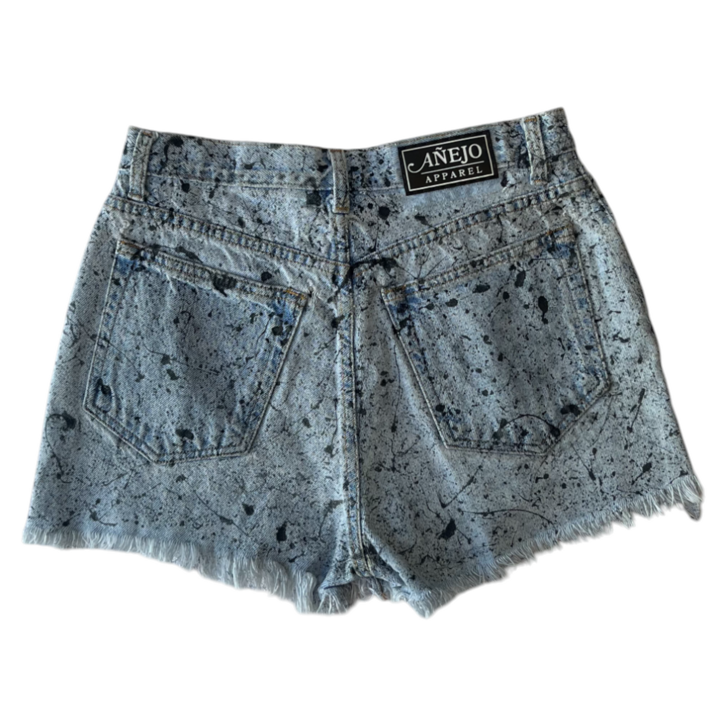 Blue & Black Splatter Denim Shorts - Size 7