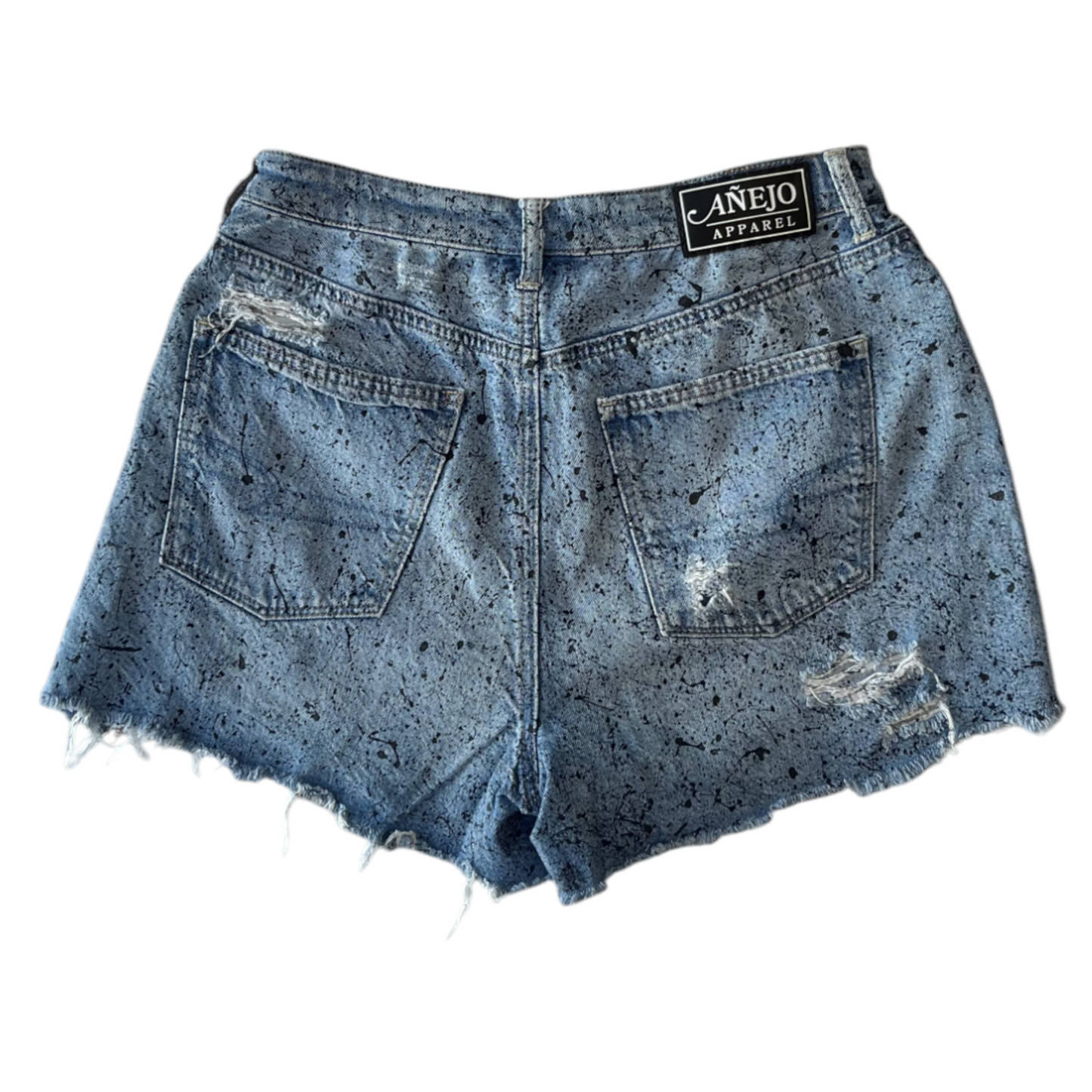 Blue & Black Splatter Denim Shorts - Size 6