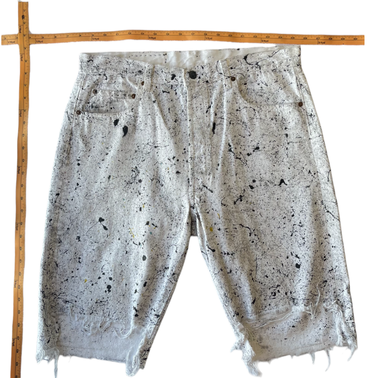 White & Black Splatter Denim Shorts - Size 34
