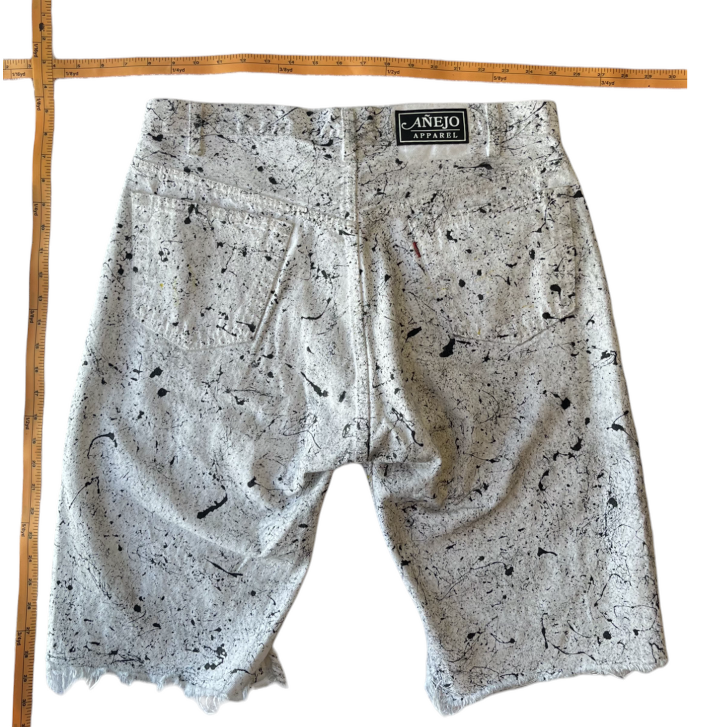 White & Black Splatter Denim Shorts - Size 34