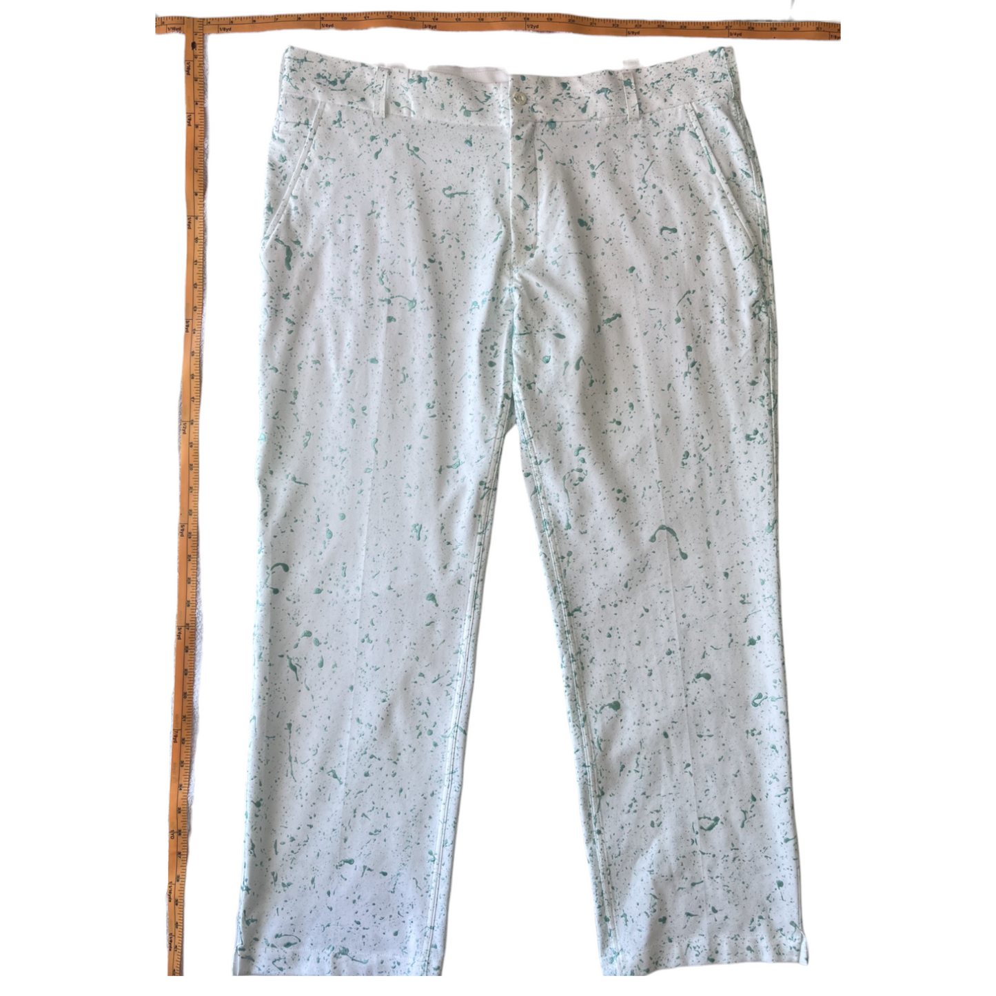 White & Teal Splatter Pants - Size 38 x 30