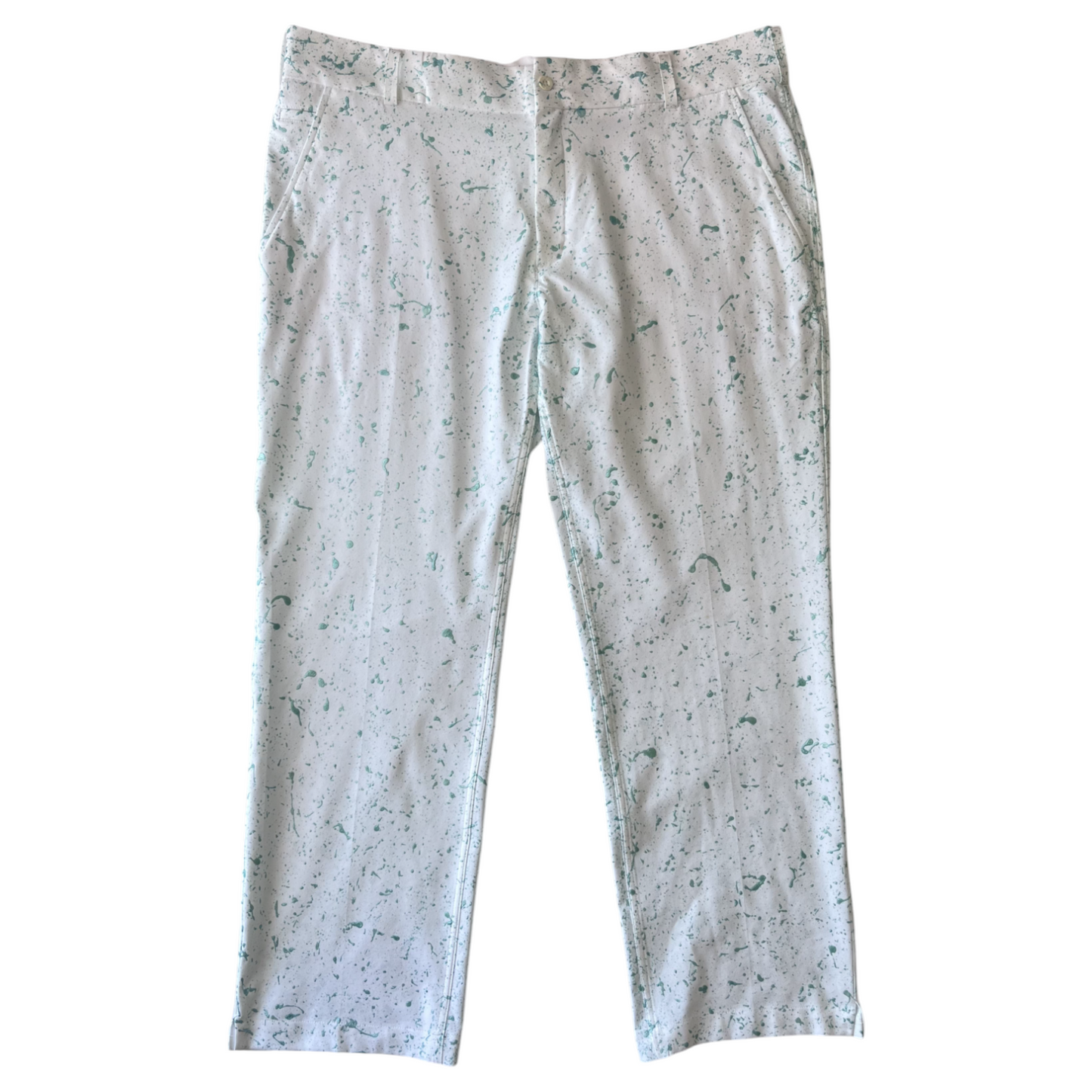 White & Teal Splatter Pants - Size 38 x 30