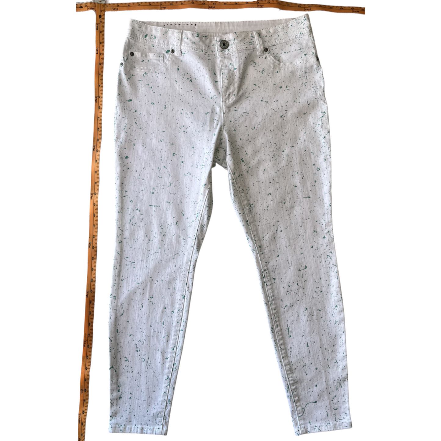 White & Teal Splatter Denim Jeans - Size 12