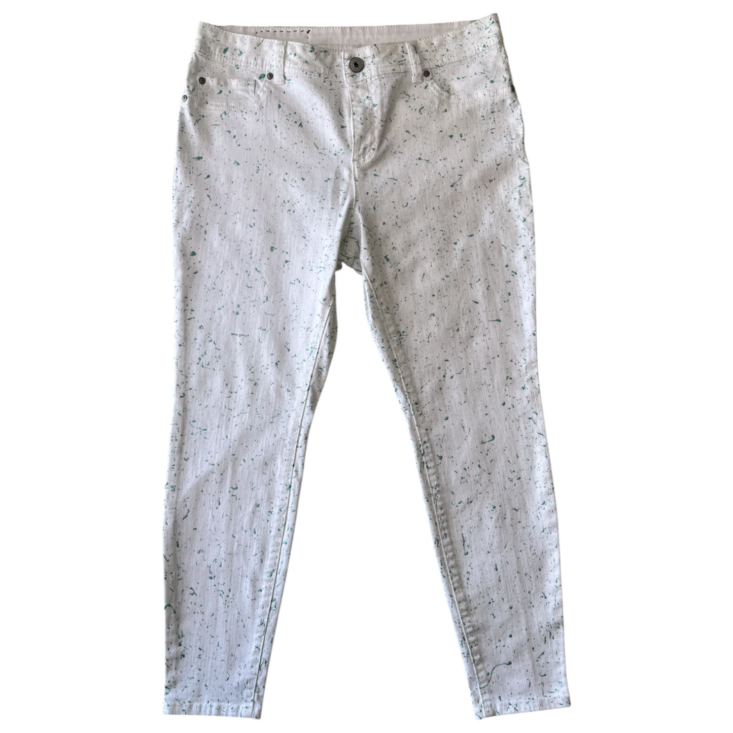 White & Teal Splatter Denim Jeans - Size 12