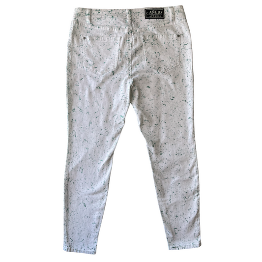 White & Teal Splatter Denim Jeans - Size 12