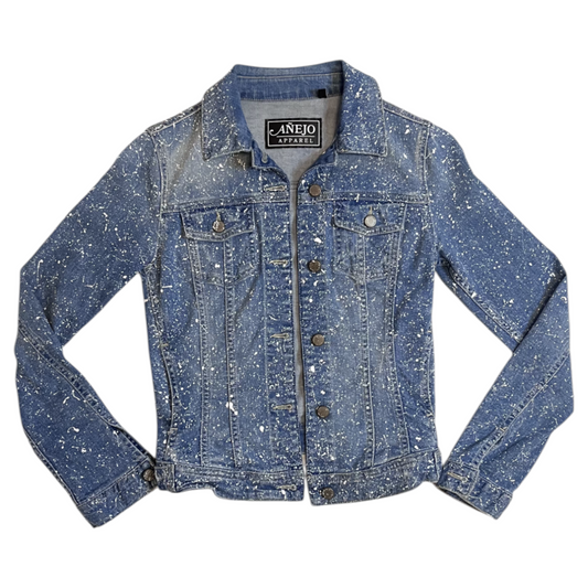 Blue & White Splatter Denim Jacket - Size Small